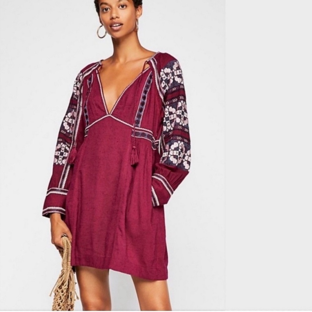 Free People Boho Embroidered V-Neck Mini Dress in Wine